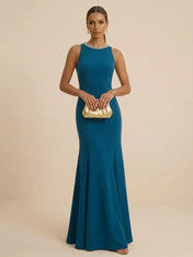 Teal Beaded Halter Neck Mermaid Evening Dresses