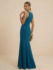 Teal Beaded Halter Neck Mermaid Evening Dresses