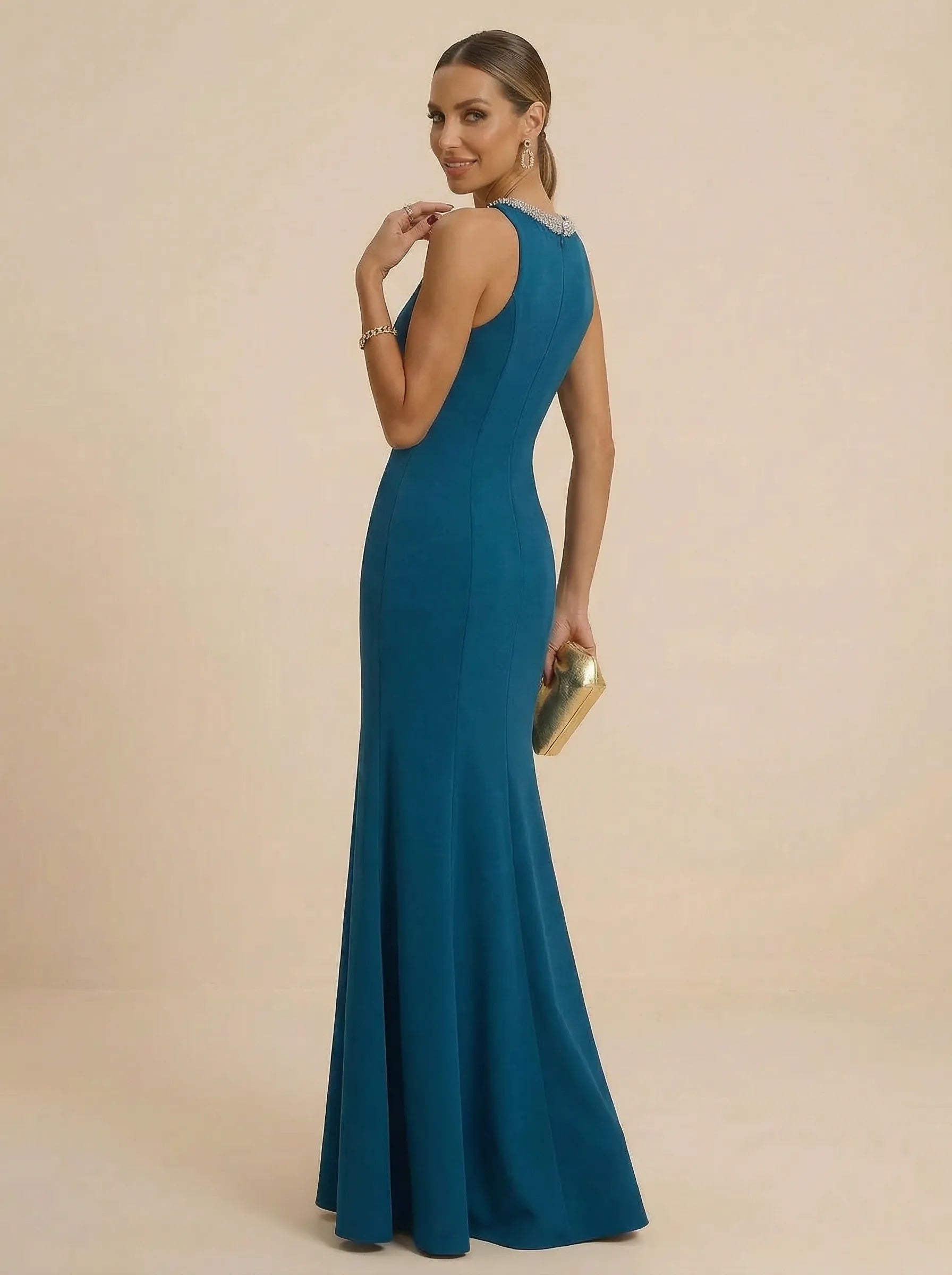 Teal Beaded Halter Neck Mermaid Evening Dresses