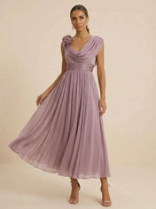 Mauve Draped Cowl Neck Pleated Chiffon Evening Dress with Floral
