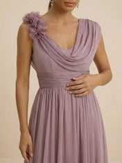 Mauve Draped Cowl Neck Pleated Chiffon Evening Dress with Floral