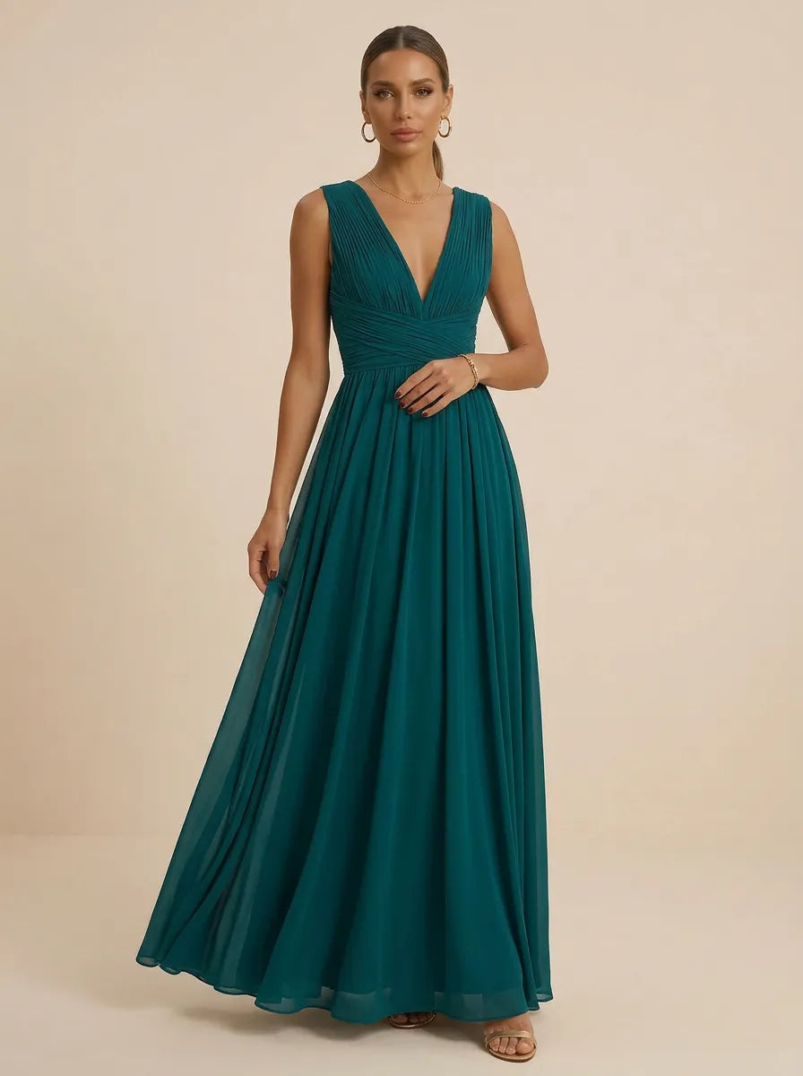Teal Pleated V-Neck Chiffon Evening Gown with Ruched