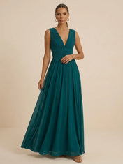 Teal Pleated V-Neck Chiffon Evening Gown with Ruched