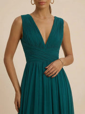 Teal Pleated V-Neck Chiffon Evening Gown with Ruched