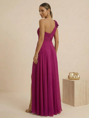 Elegant Fuchsia Off-Shoulder Pleated Mermaid Gown with High Slit