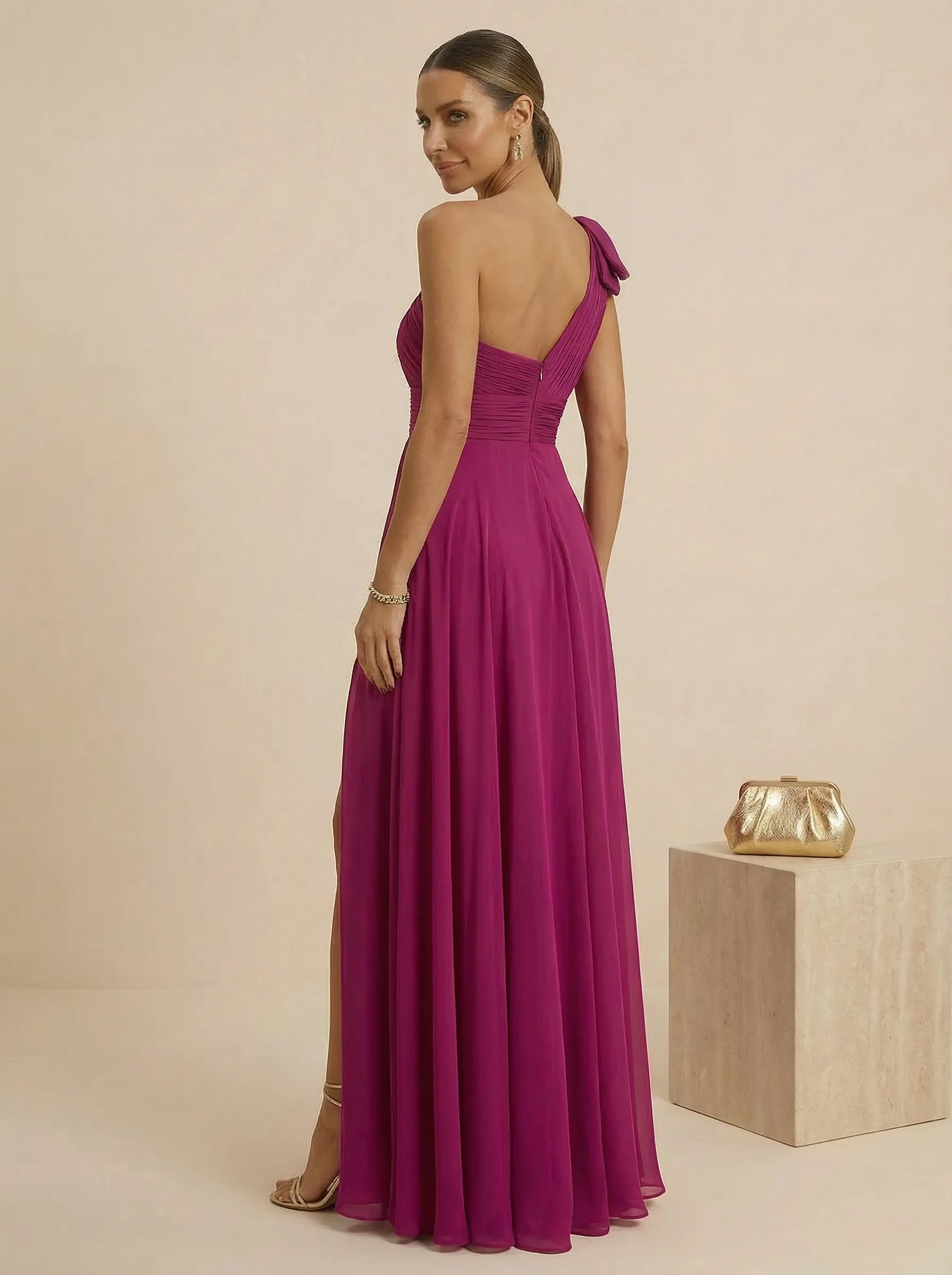 Elegant Fuchsia Off-Shoulder Pleated Mermaid Gown with High Slit