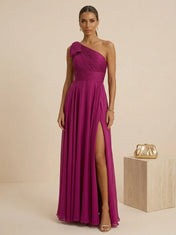 Elegant Fuchsia Off-Shoulder Pleated Mermaid Gown with High Slit