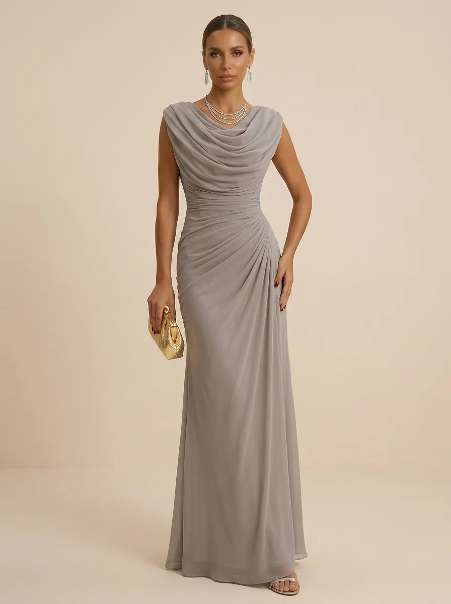 Dusty Grey Draped Cowl Neck Ruched Chiffon Evening Dresses