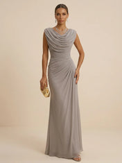 Dusty Grey Draped Cowl Neck Ruched Chiffon Evening Dresses