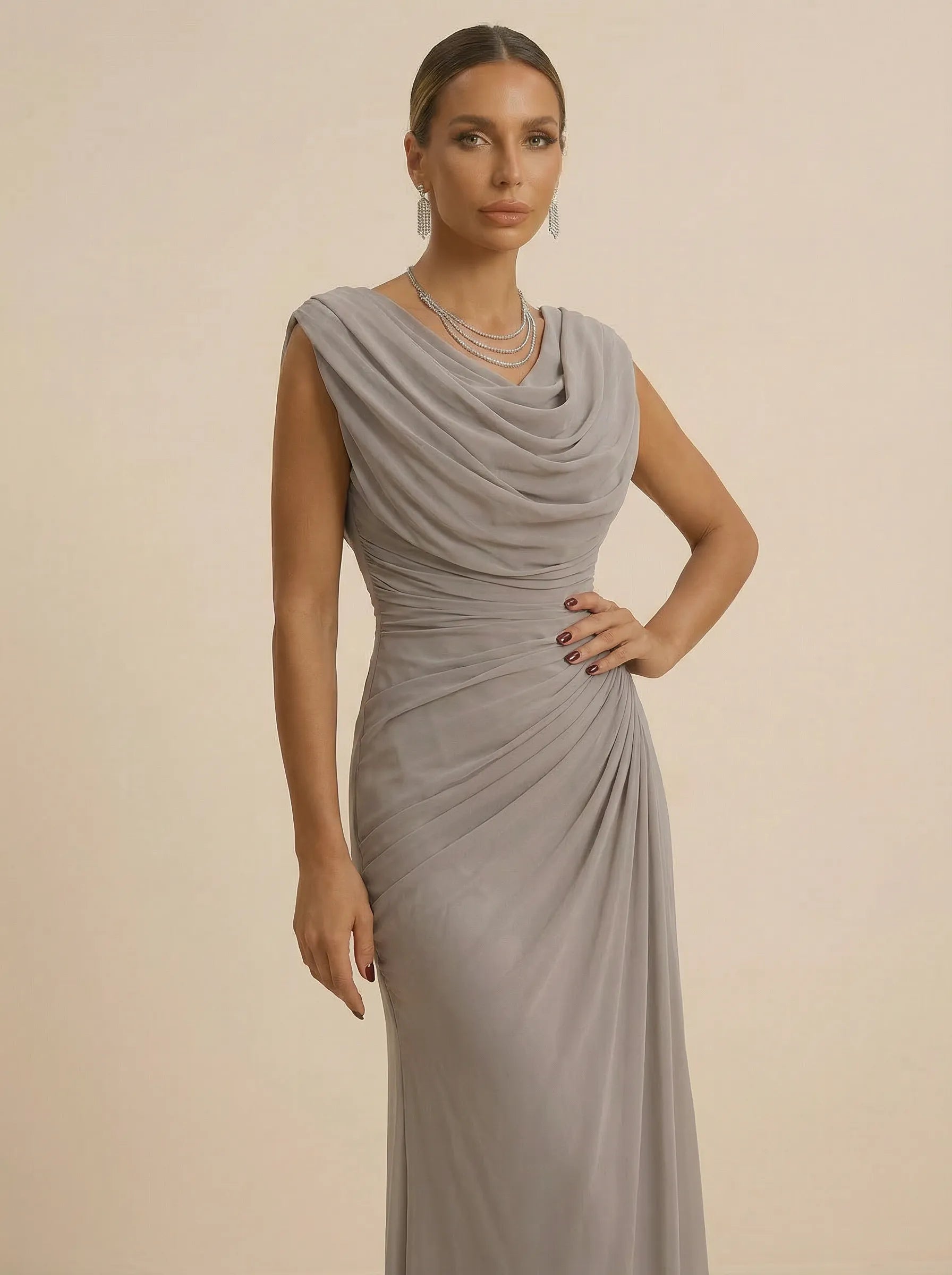 Dusty Grey Draped Cowl Neck Ruched Chiffon Evening Dresses