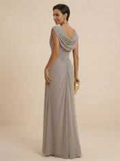 Dusty Grey Draped Cowl Neck Ruched Chiffon Evening Dresses