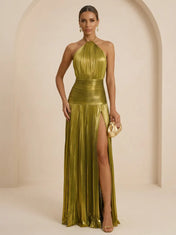 Formal Wedding Guest Dress Olive Green Halter Pleated Maxi High Slit Gown