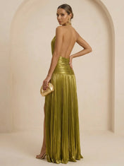 Formal Wedding Guest Dress Olive Green Halter Pleated Maxi High Slit Gown