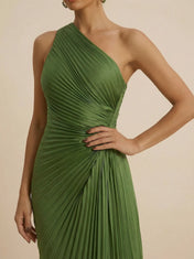 Elegant One Shoulder Green Pleated Chiffon Evening Gown with Split