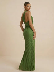 Elegant One Shoulder Green Pleated Chiffon Evening Gown with Split