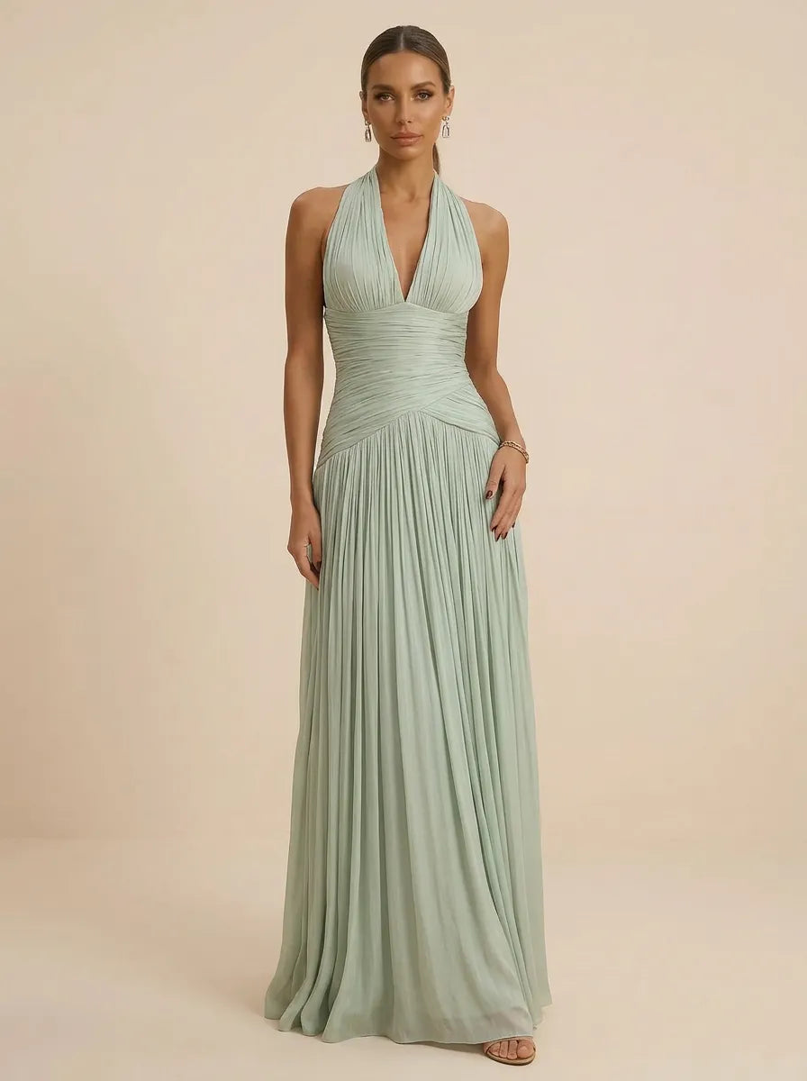 Sage Green Halter Neck Pleated Chiffon Evening Gown with Ruched