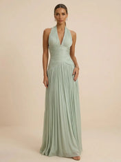 Sage Green Halter Neck Pleated Chiffon Evening Gown with Ruched