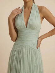 Sage Green Halter Neck Pleated Chiffon Evening Gown with Ruched