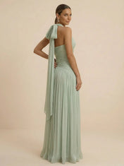 Sage Green Halter Neck Pleated Chiffon Evening Gown with Ruched