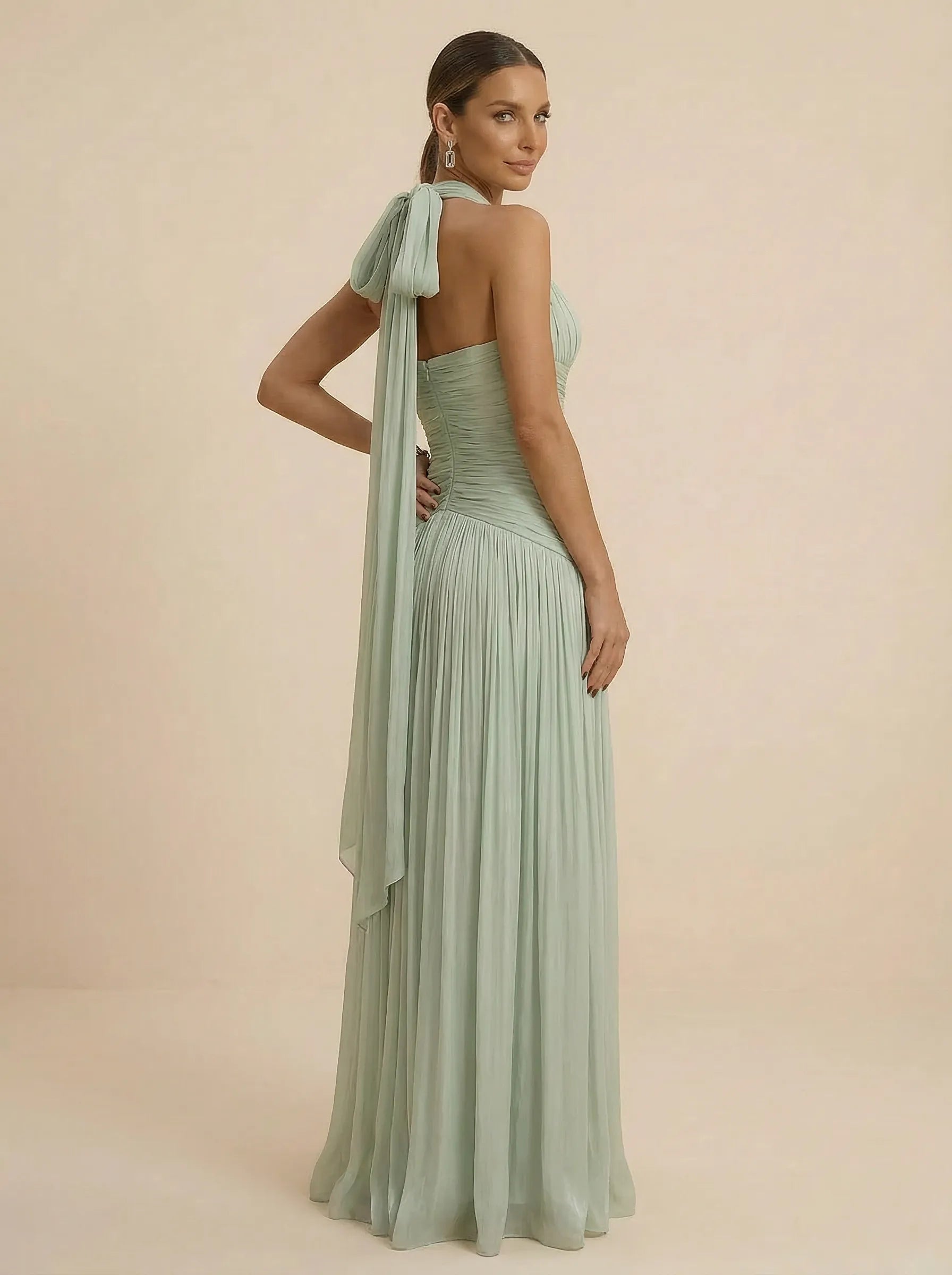 Sage Green Halter Neck Pleated Chiffon Evening Gown with Ruched