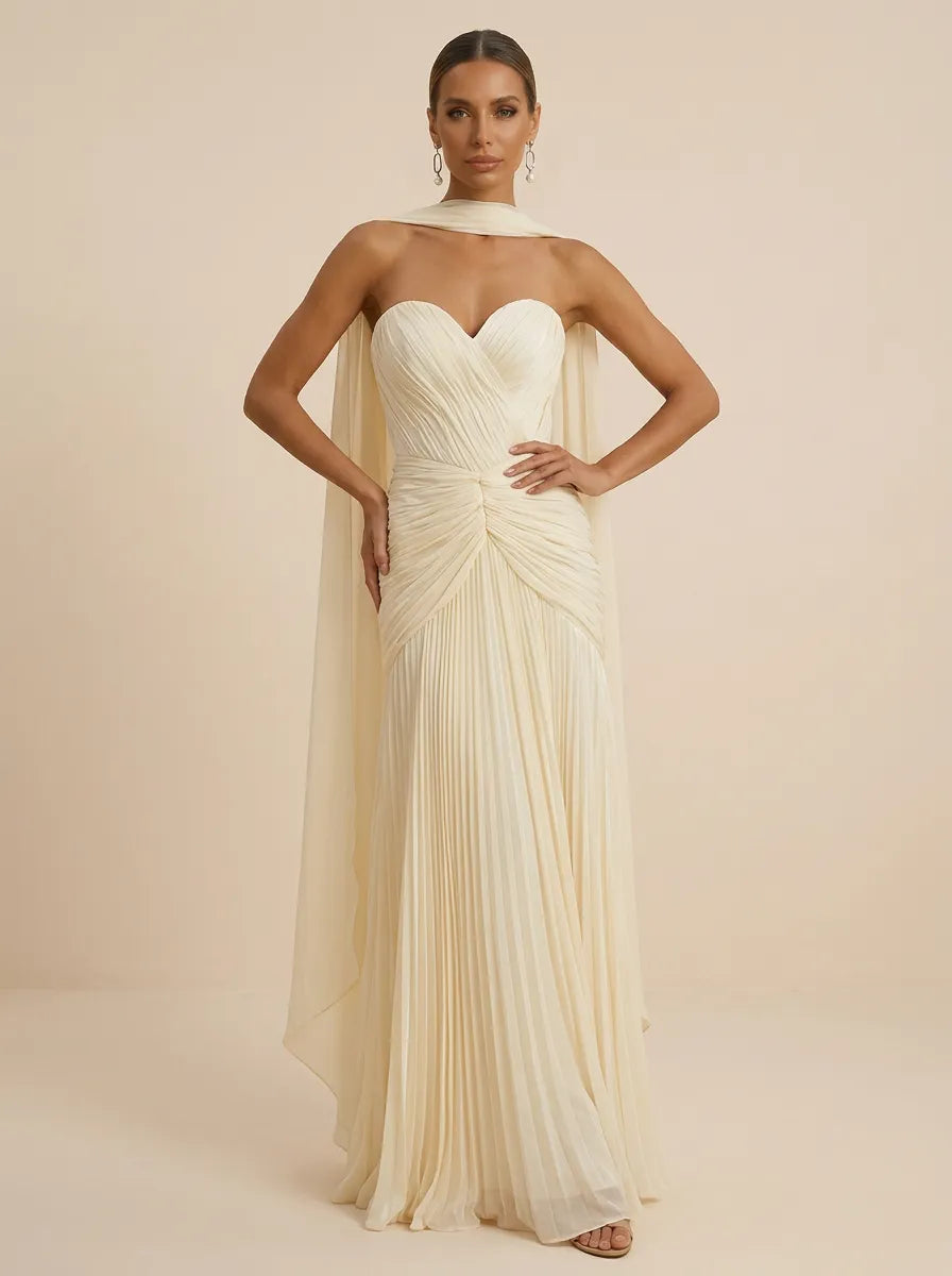 Sweetheart Strapless Pleated Chiffon Evening Gown with Scarf