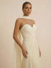 Sweetheart Strapless Pleated Chiffon Evening Gown with Scarf