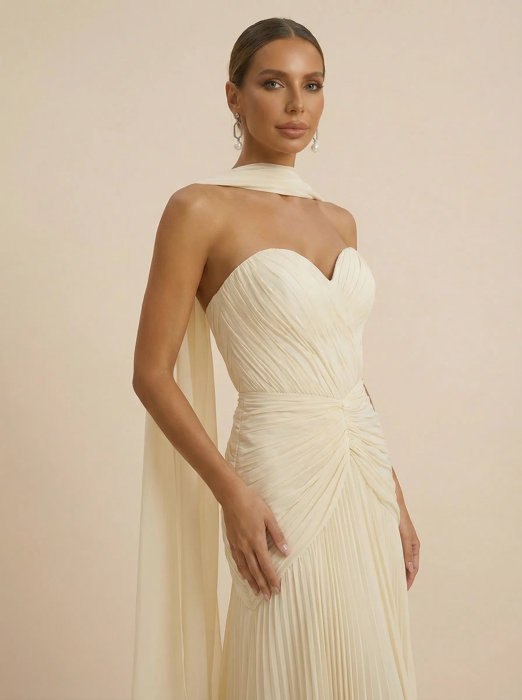 Sweetheart Strapless Pleated Chiffon Evening Gown with Scarf