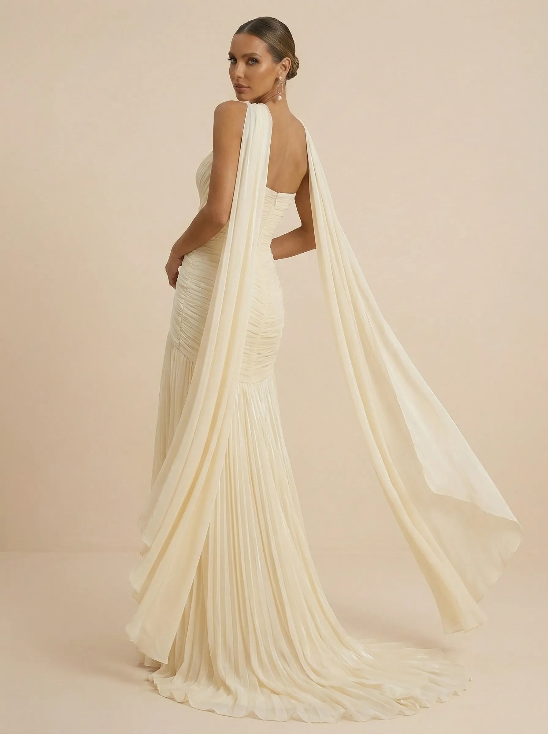 Sweetheart Strapless Pleated Chiffon Evening Gown with Scarf