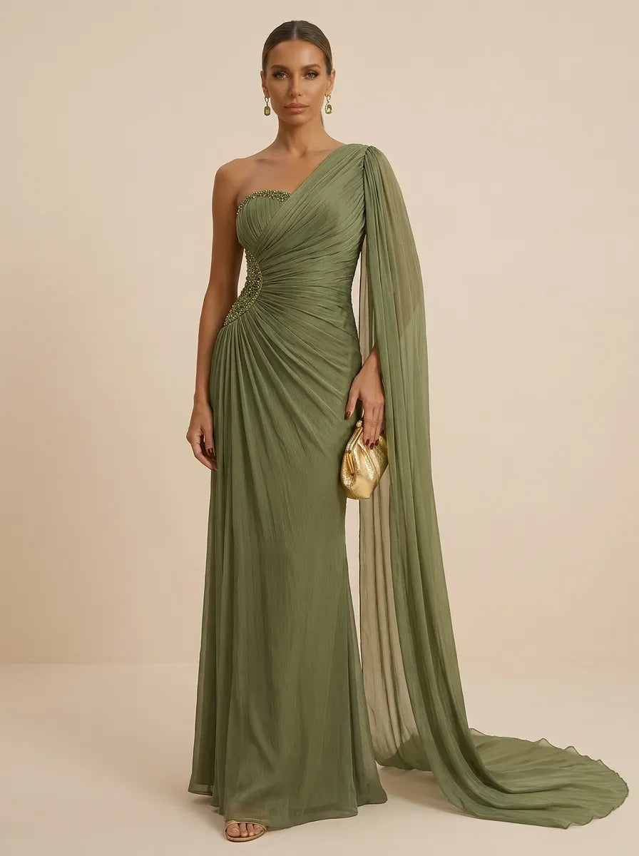 Sage Green One Shoulder Beaded Evening Gown with Cape Sleeve