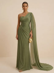 Sage Green One Shoulder Beaded Evening Gown with Cape Sleeve