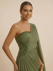 Sage Green One Shoulder Beaded Evening Gown with Cape Sleeve