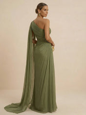 Sage Green One Shoulder Beaded Evening Gown with Cape Sleeve