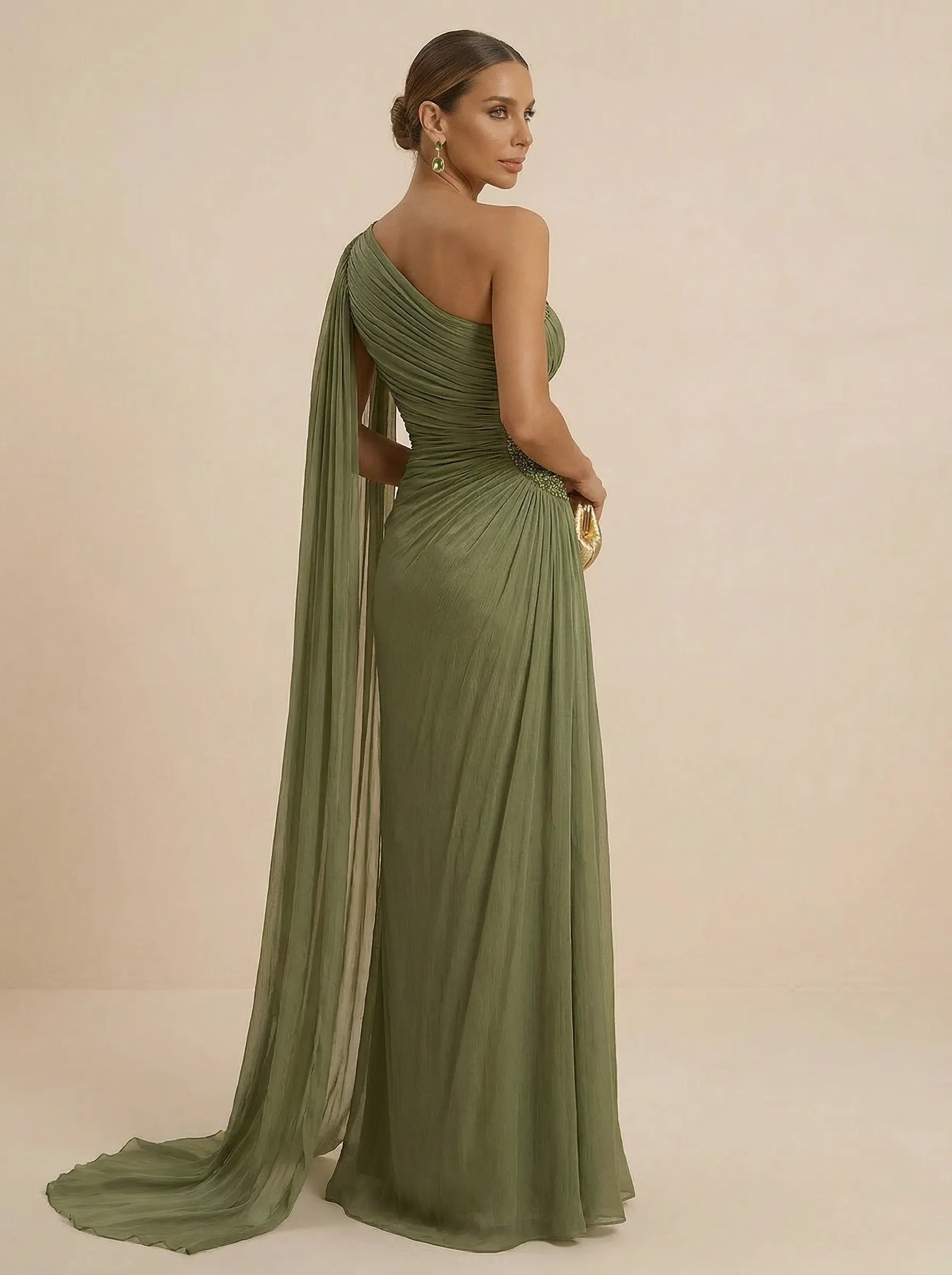 Sage Green One Shoulder Beaded Evening Gown with Cape Sleeve