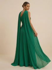 Green Halter Neck Metallic Pleated Evening Gown with Split