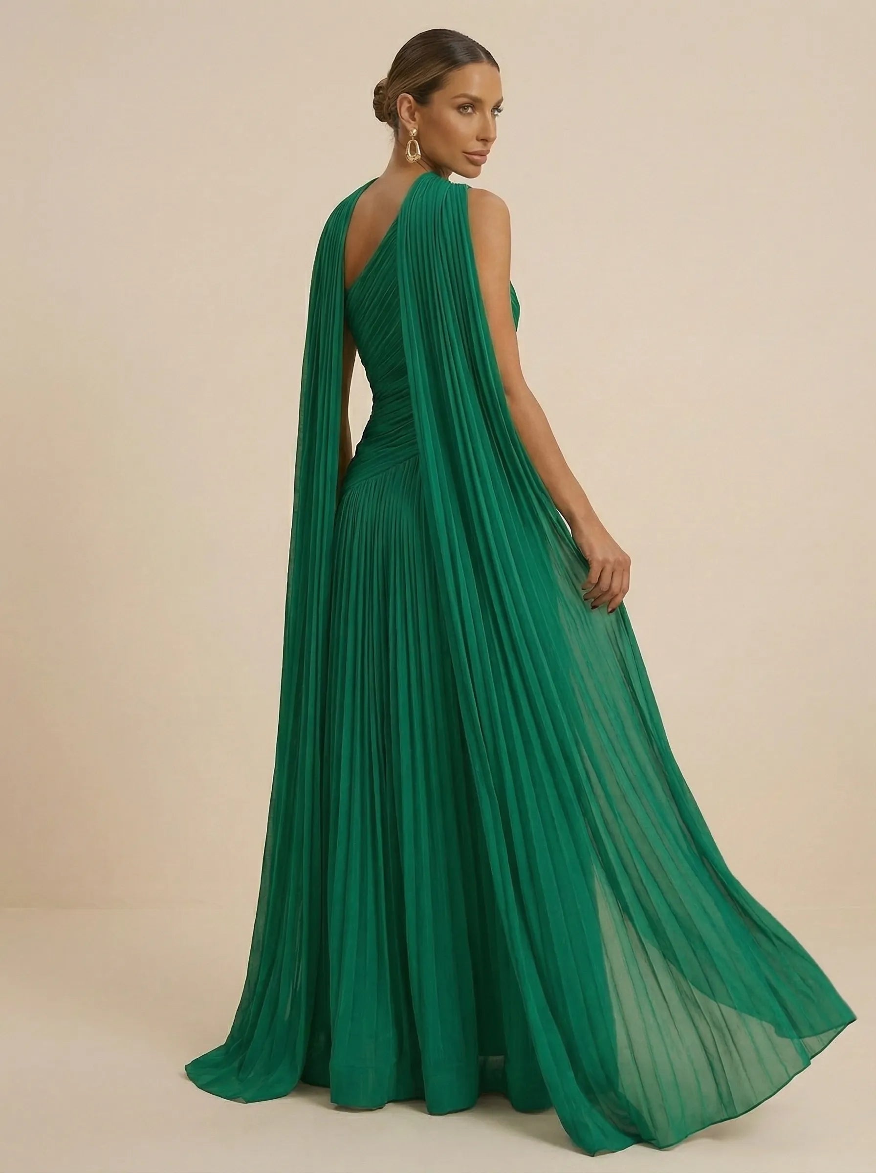 Green Halter Neck Metallic Pleated Evening Gown with Split