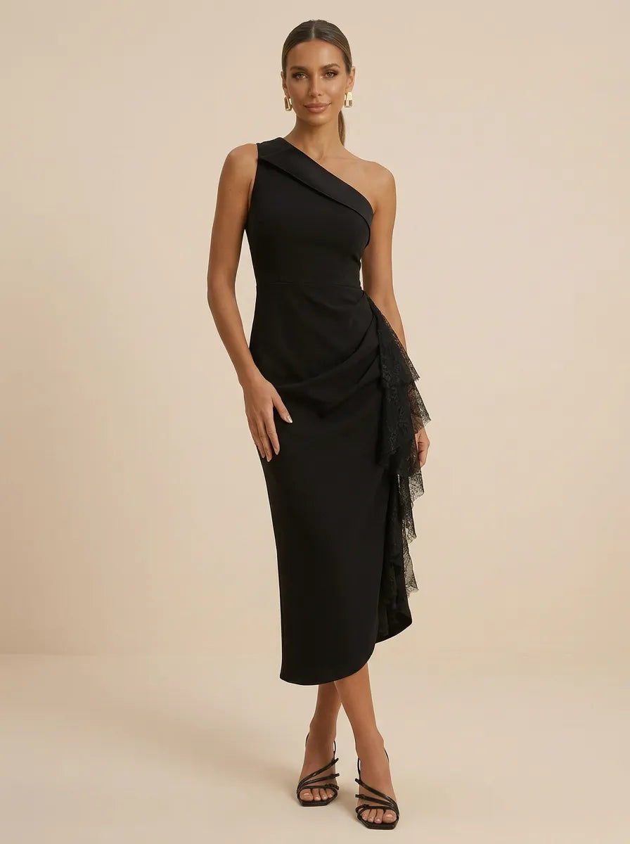 Black One Shoulder Lace Ruffle Midi Evening Dress with Slit