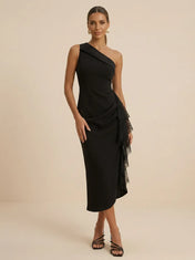 Black One Shoulder Lace Ruffle Midi Evening Dress with Slit