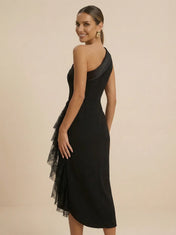 Black One Shoulder Lace Ruffle Midi Evening Dress with Slit