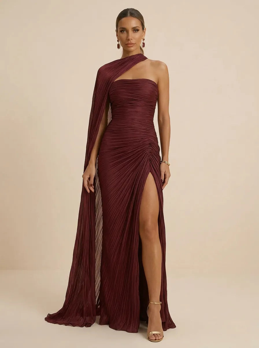 Burgundy One Shoulder Ruched Slit Evening Gown with Scarf