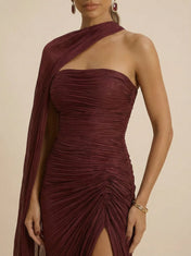 Burgundy One Shoulder Ruched Slit Evening Gown with Scarf