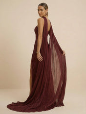 Burgundy One Shoulder Ruched Slit Evening Gown with Scarf