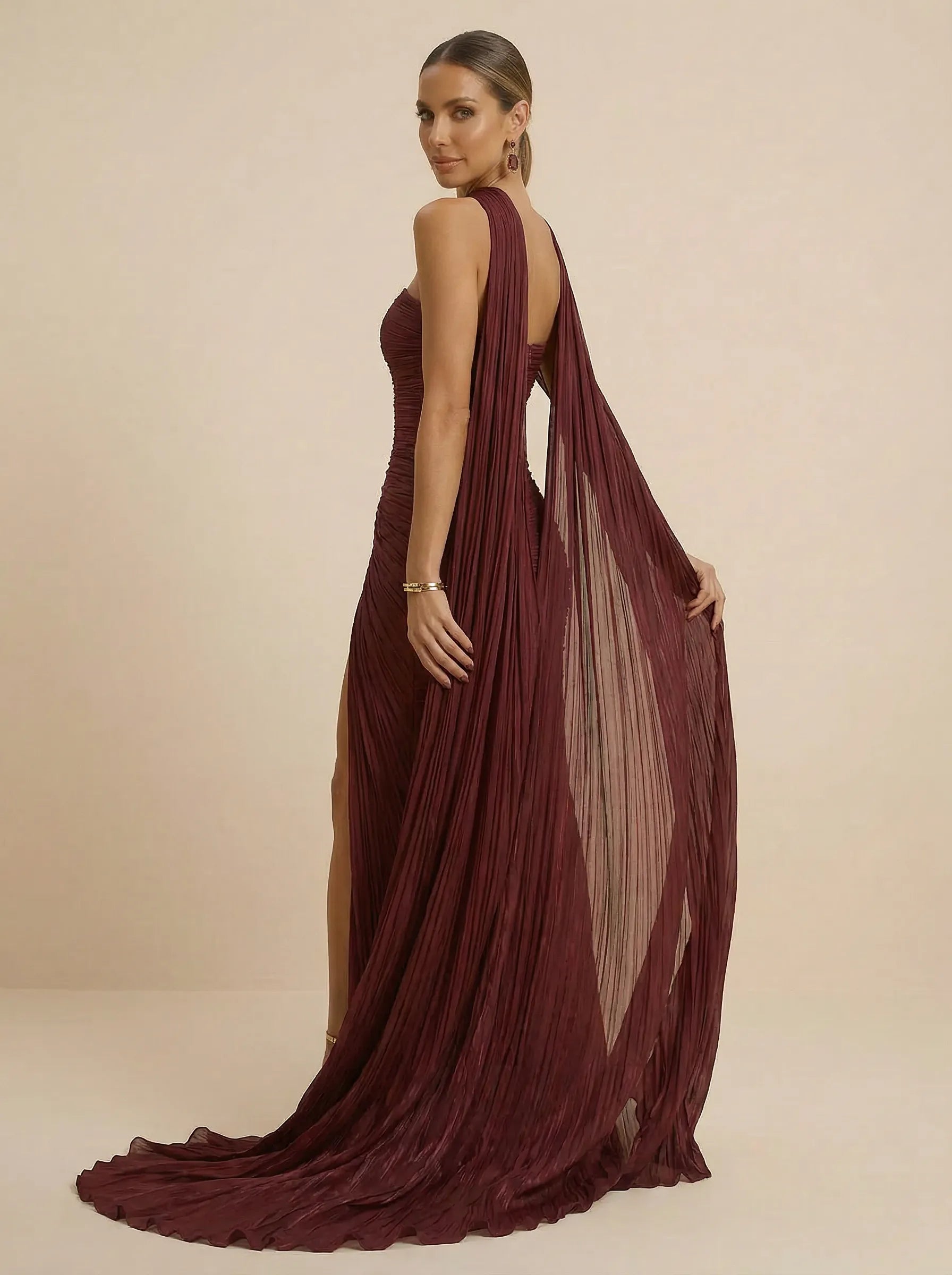 Burgundy One Shoulder Ruched Slit Evening Gown with Scarf