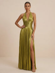 Sage Green Halter Neck Pleated Chiffon Evening Gown with Waist