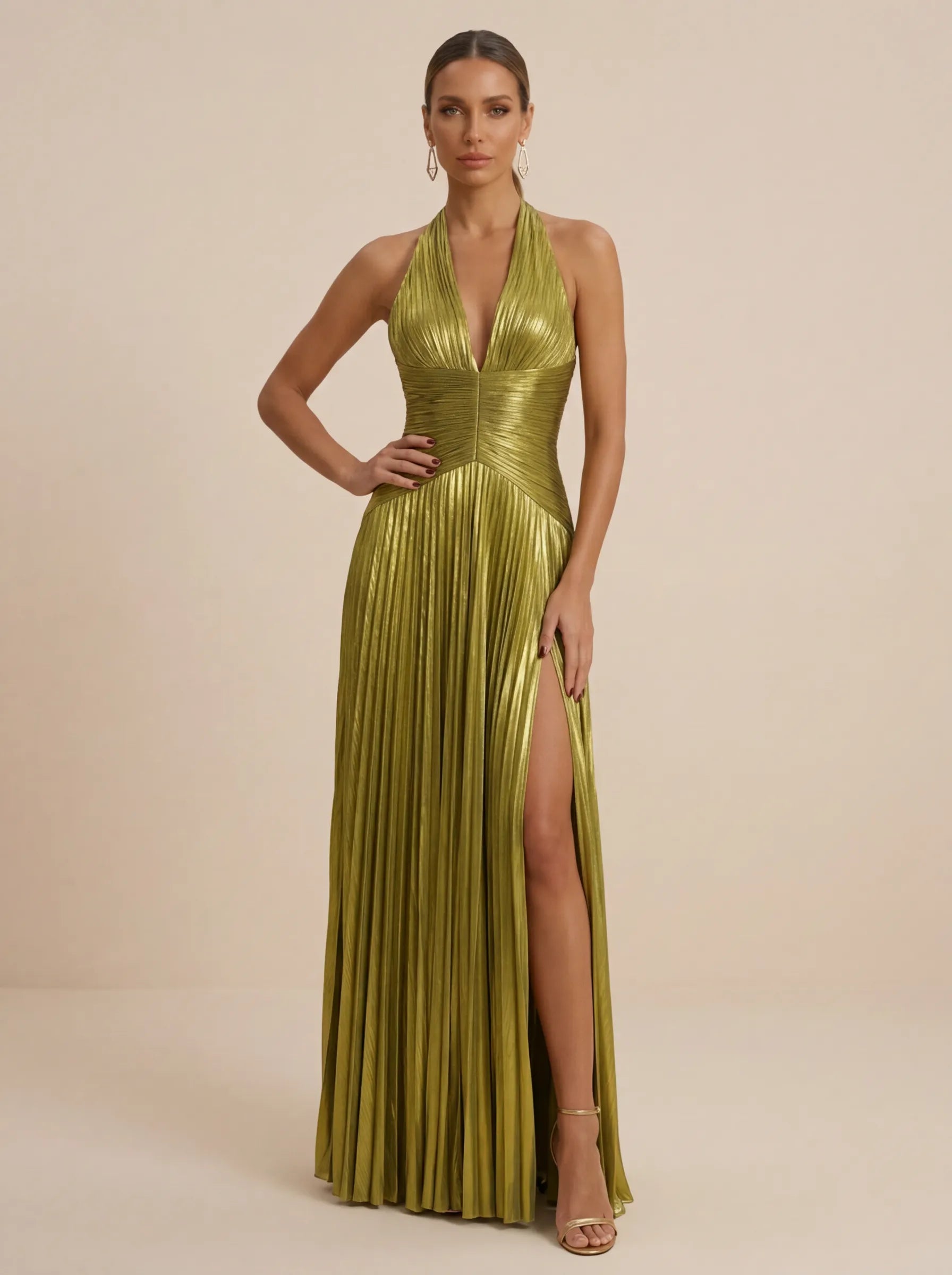 Sage Green Halter Neck Pleated Chiffon Evening Gown with Waist