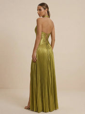 Sage Green Halter Neck Pleated Chiffon Evening Gown with Waist