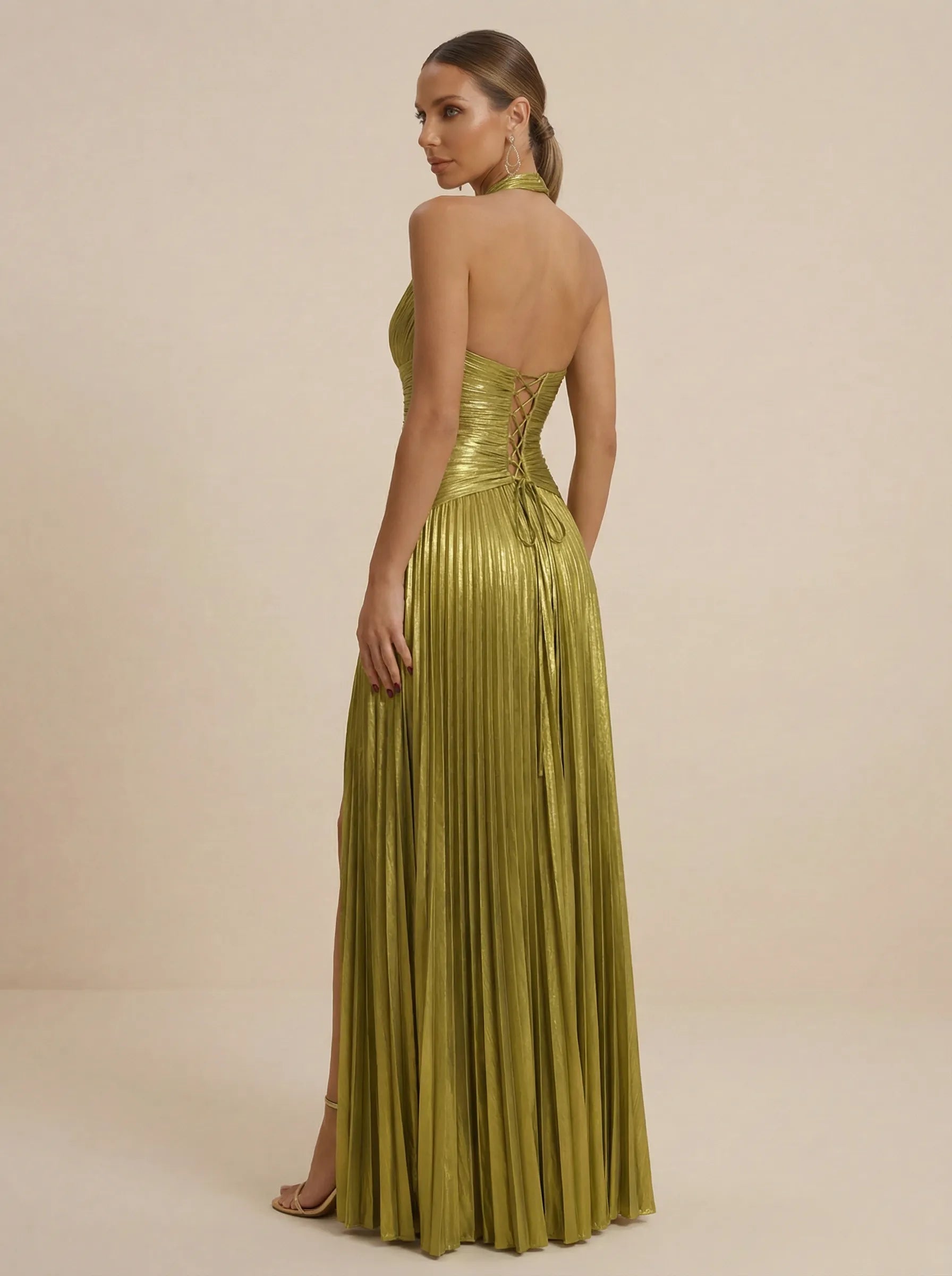 Sage Green Halter Neck Pleated Chiffon Evening Gown with Waist