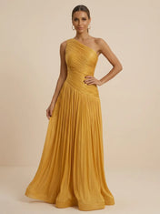Mustard Yellow One Shoulder Pleated Evening Gown with Ruched