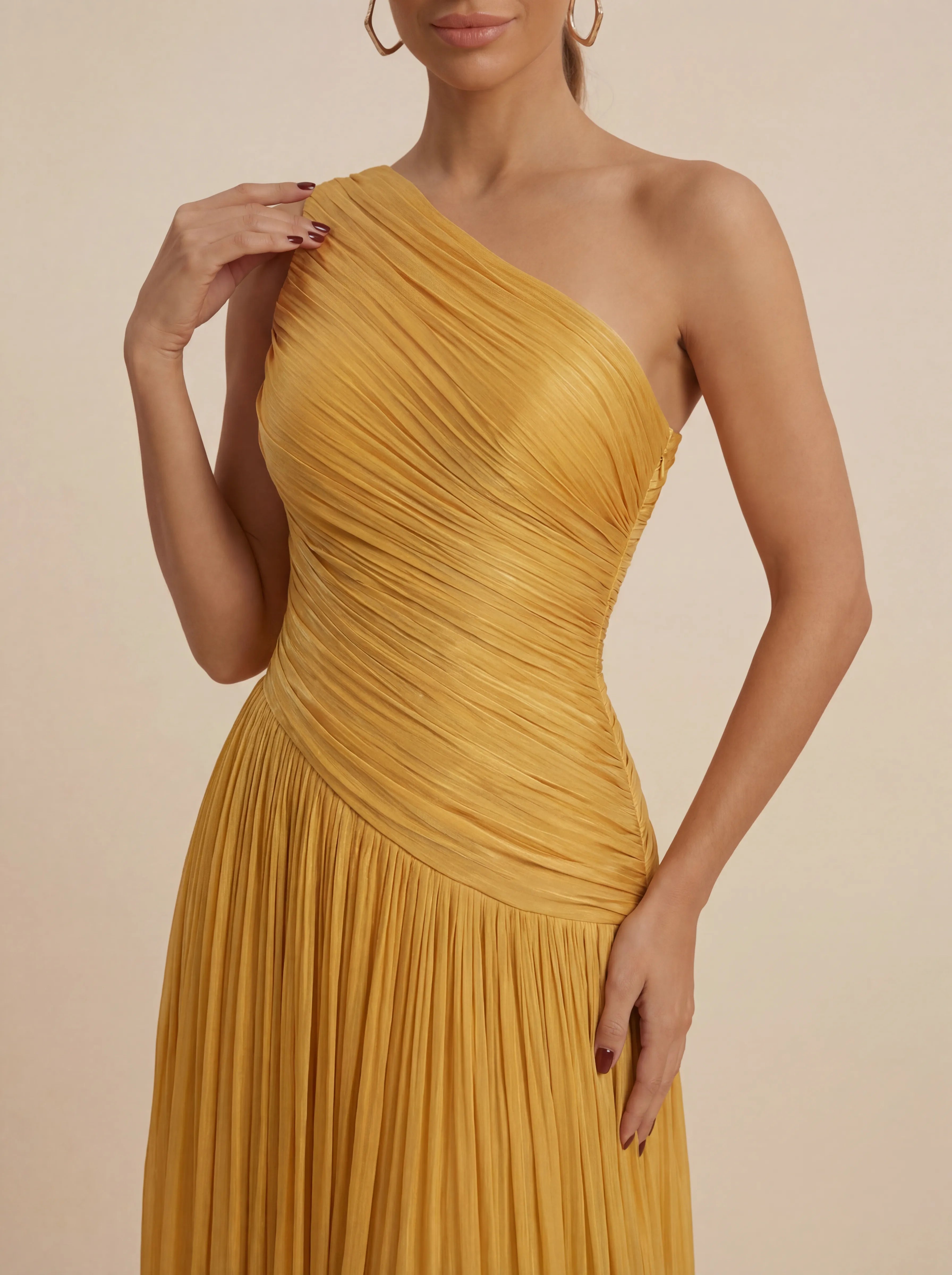 Mustard Yellow One Shoulder Pleated Evening Gown with Ruched