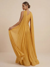 Mustard Yellow One Shoulder Pleated Evening Gown with Ruched