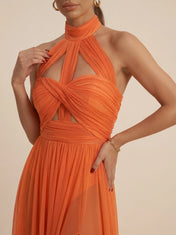 Orange Halter Neck Chiffon Cut-out Evening Gown with Slit